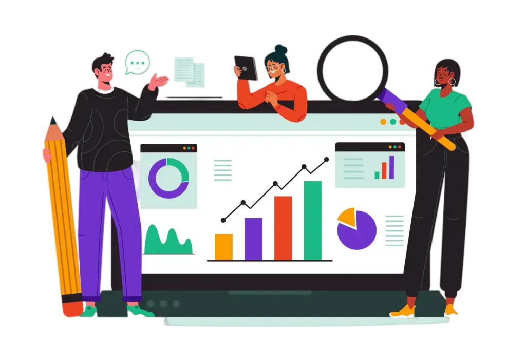 hand drawn people gathering data with device