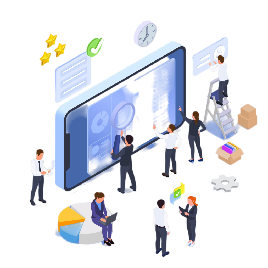 business software design concept with people working development management customer relation productivity isometric vector illustration
